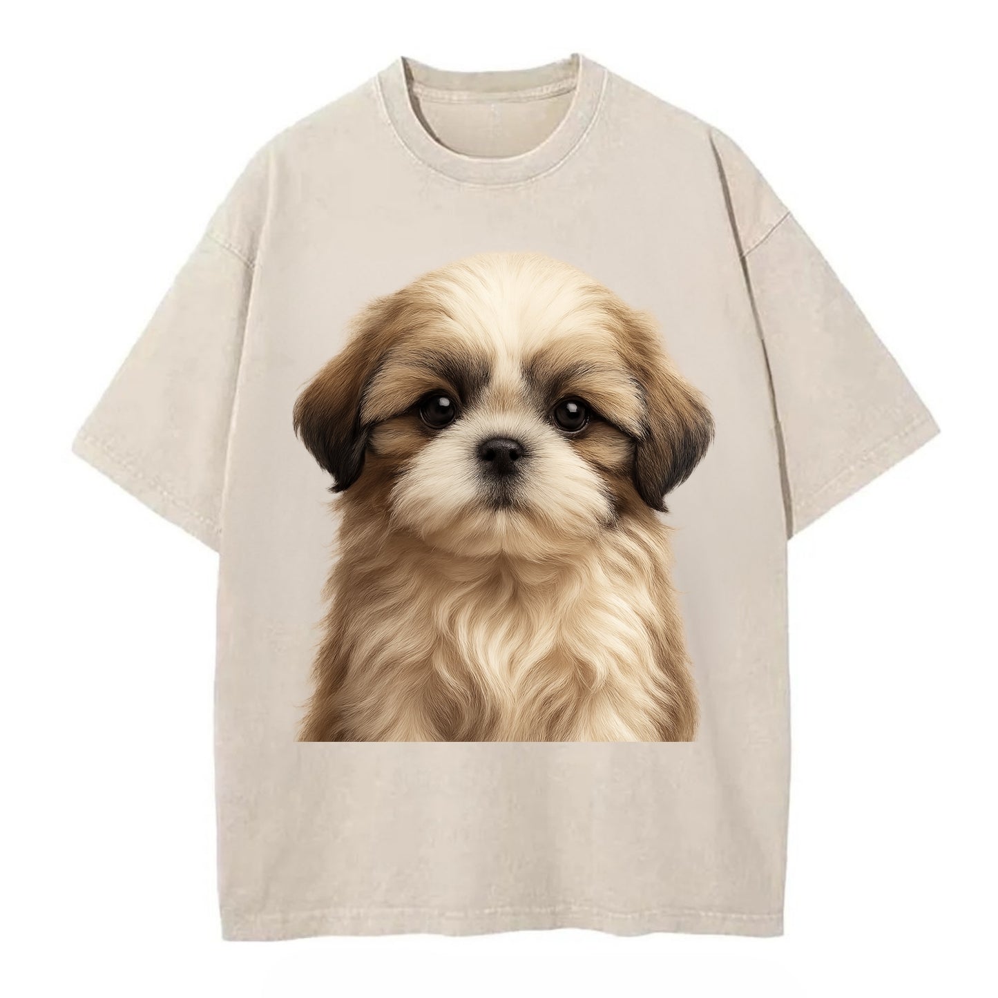 Baby Shih Tzu Puppy - long flowing coat, flat face, big dark eyes, front-facing, - Vintage T-shirt - Off White