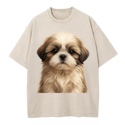 Baby Shih Tzu Puppy - long flowing coat, flat face, big dark eyes, front-facing, - Vintage T-shirt - Off White