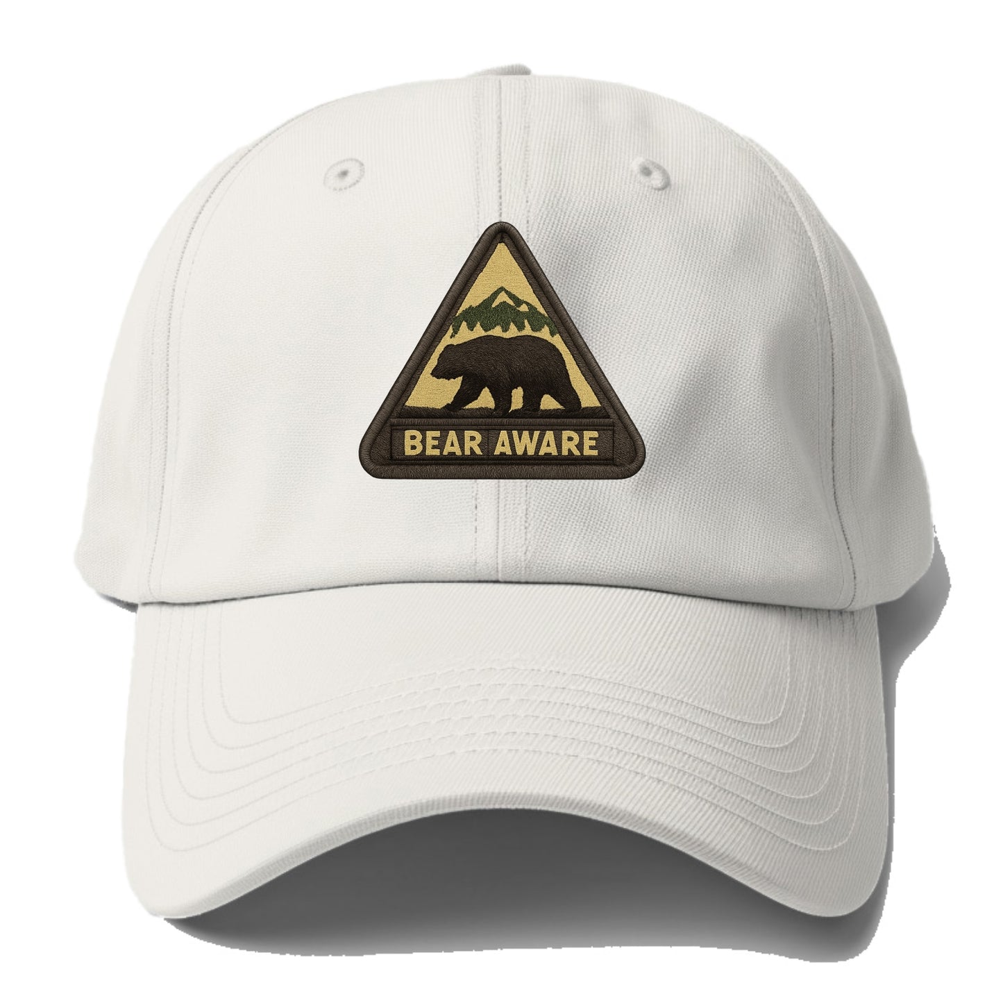 BEAR AWARE - bear silhouette warning in brown and yellow , wilderness safety - Baseball Cap - Off White