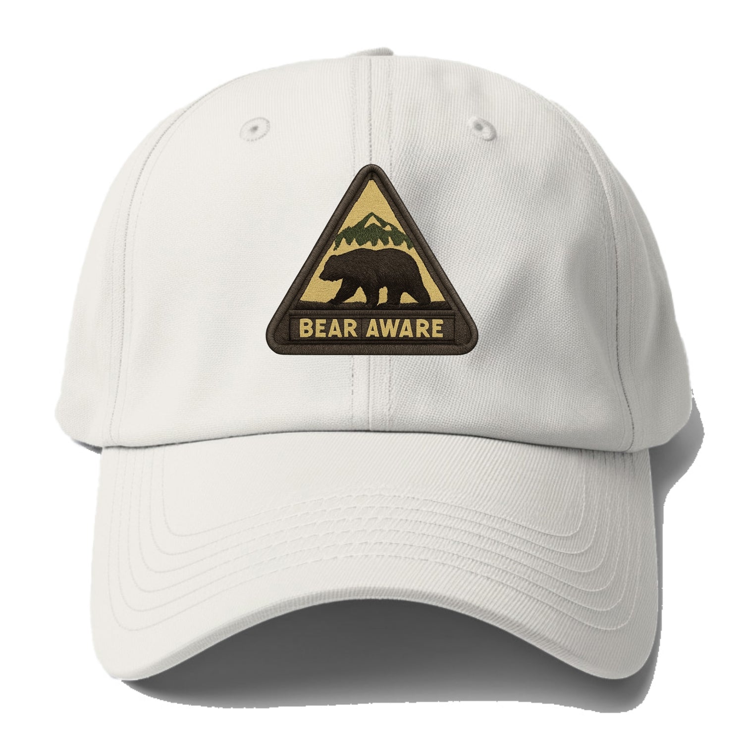 BEAR AWARE - bear silhouette warning in brown and yellow , wilderness safety - Baseball Cap - Off White