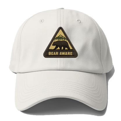 BEAR AWARE - bear silhouette warning in brown and yellow , wilderness safety - Baseball Cap - Off White