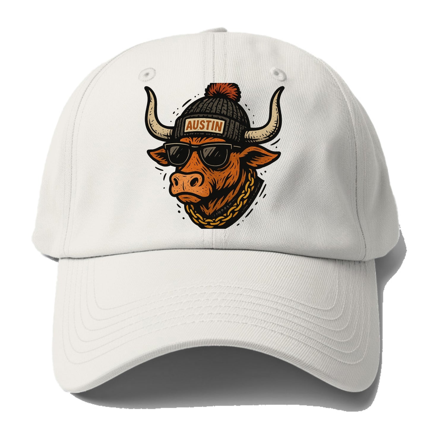 Texas Longhorn wearing Austin beanie with pom pom and wayfarer - Baseball Cap For Big Heads - Off White
