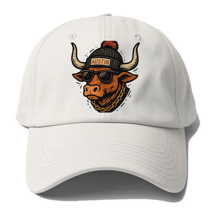 Texas Longhorn wearing Austin beanie with pom pom and wayfarer - Baseball Cap For Big Heads - Off White