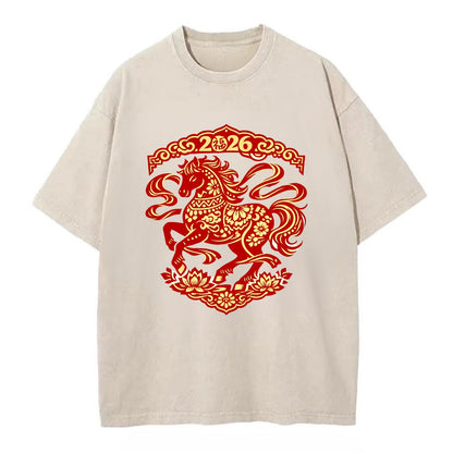 DANCING HORSE | Elegant prancing horse in motion | Graceful curved pose | - Vintage T-shirt - Off White