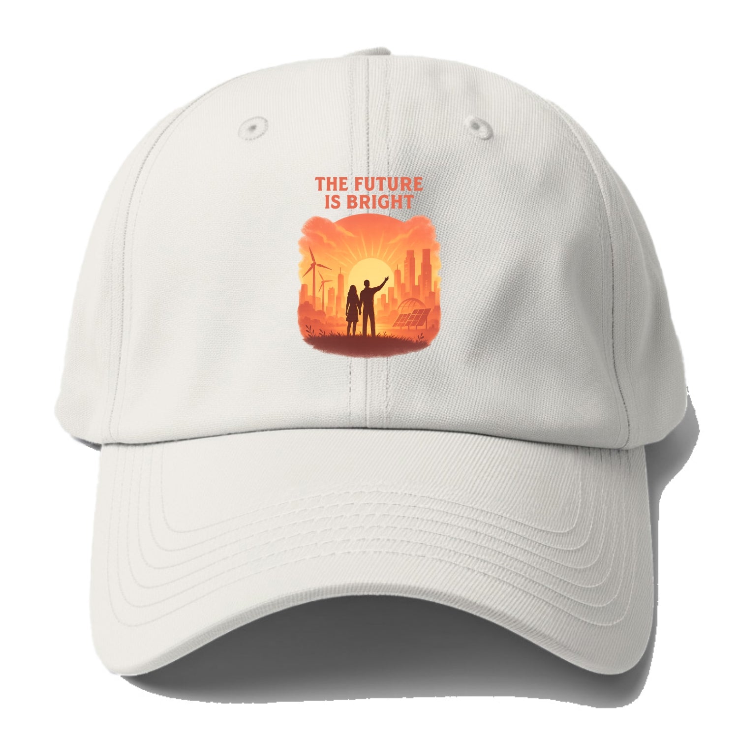Sunrise over thriving sustainable city - "The Future is Bright" - optimistic vision - Baseball Cap - Off White