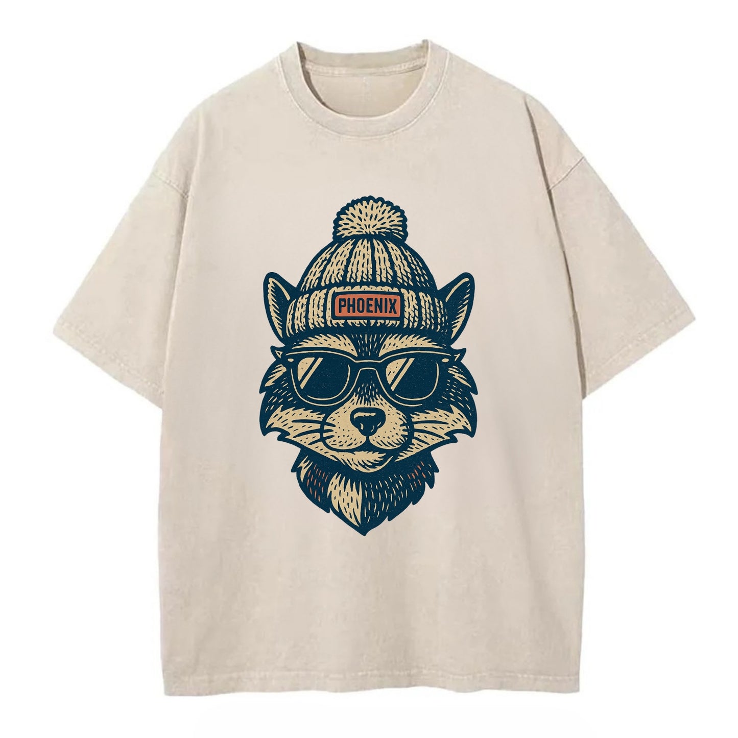 Arizona Ringtail wearing Phoenix beanie with pom pom and wayfarer sunglasses - Vintage T-shirt - Off White