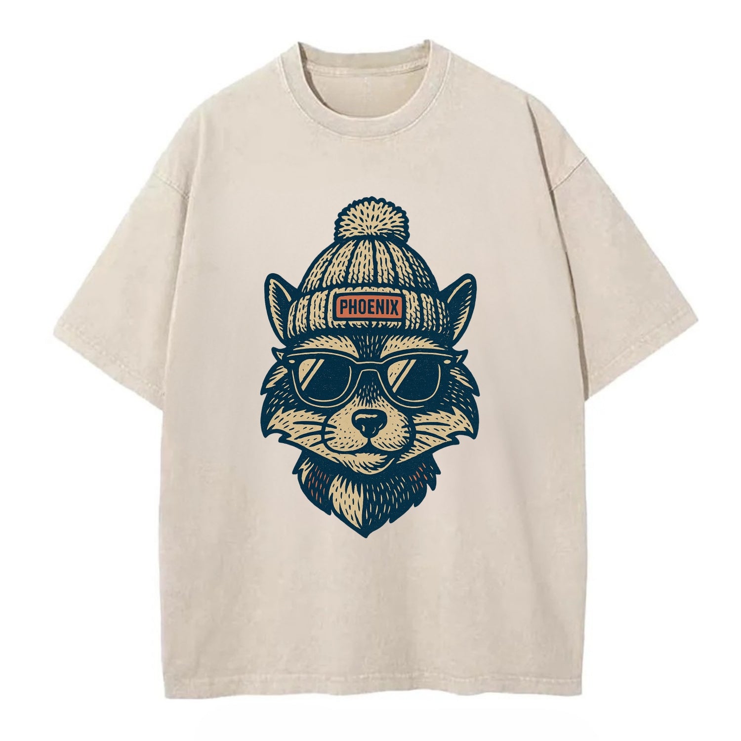 Arizona Ringtail wearing Phoenix beanie with pom pom and wayfarer sunglasses - Vintage T-shirt - Off White