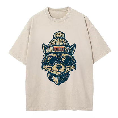 Arizona Ringtail wearing Phoenix beanie with pom pom and wayfarer sunglasses - Vintage T-shirt - Off White