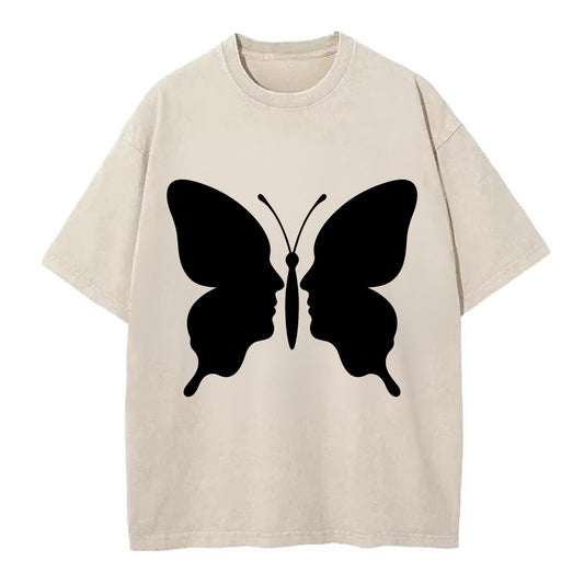 Butterfly wings - negative space reveals hidden faces or patterns - Vintage T-shirt - Off White