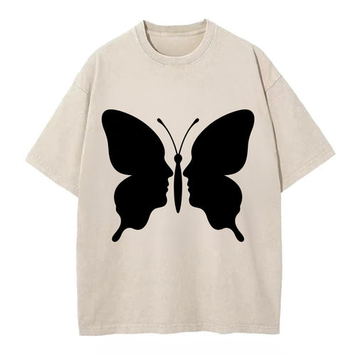 Butterfly wings - negative space reveals hidden faces or patterns - Vintage T-shirt
