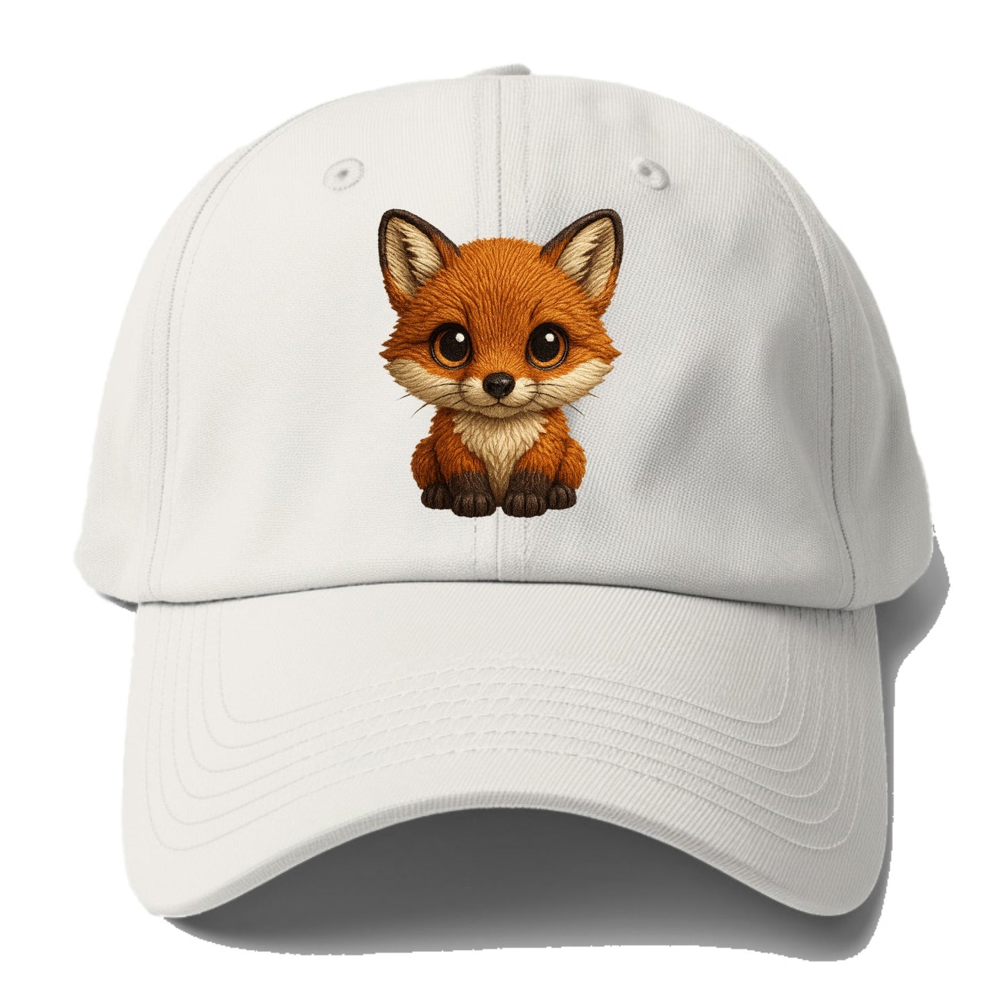 Baby Red Fox - russet fur, white chest, big amber eyes, perky ears, front-facing, - Baseball Cap - Off White