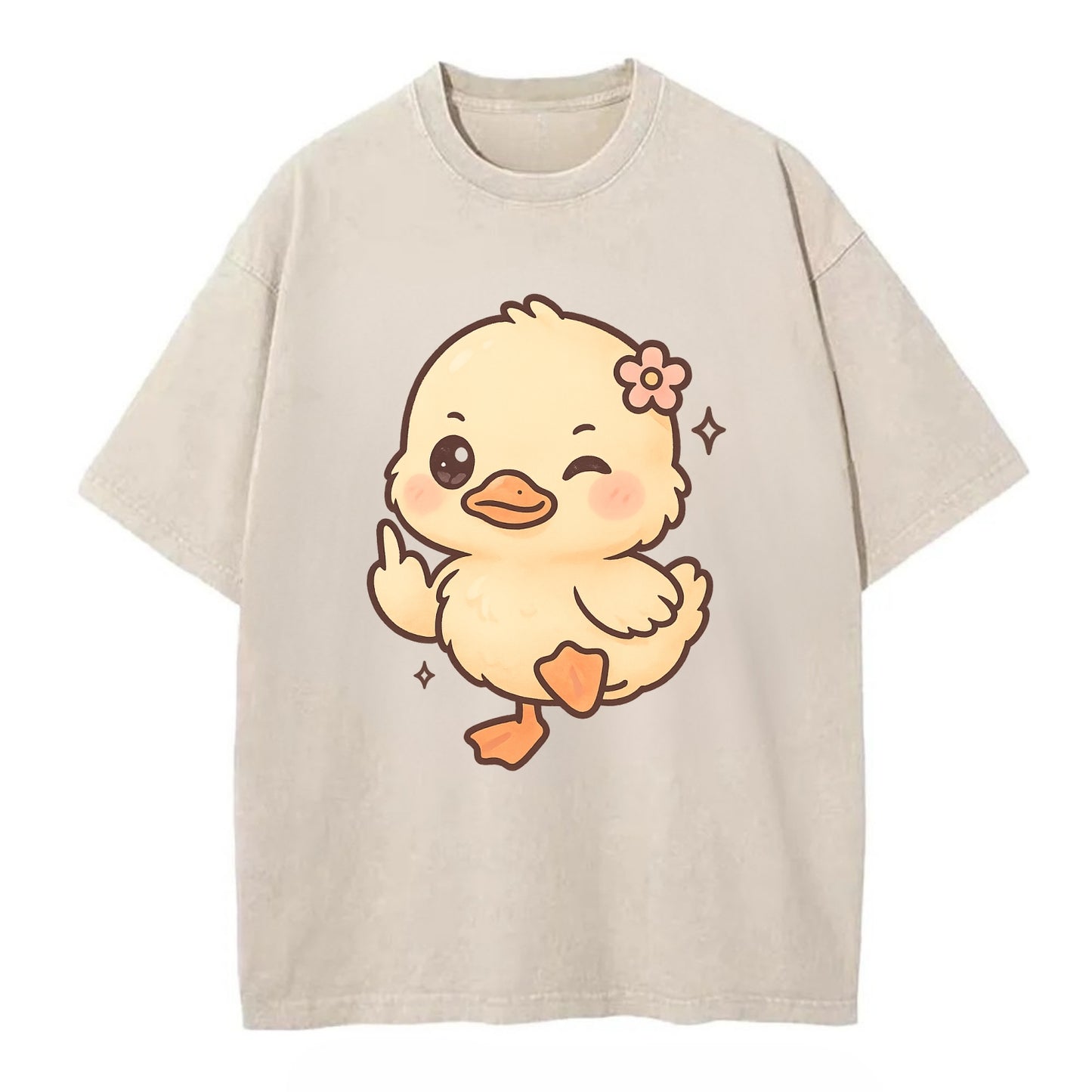fluffy baby duck with small flower, one webbed foot raised sassily - Vintage T-shirt - Off White