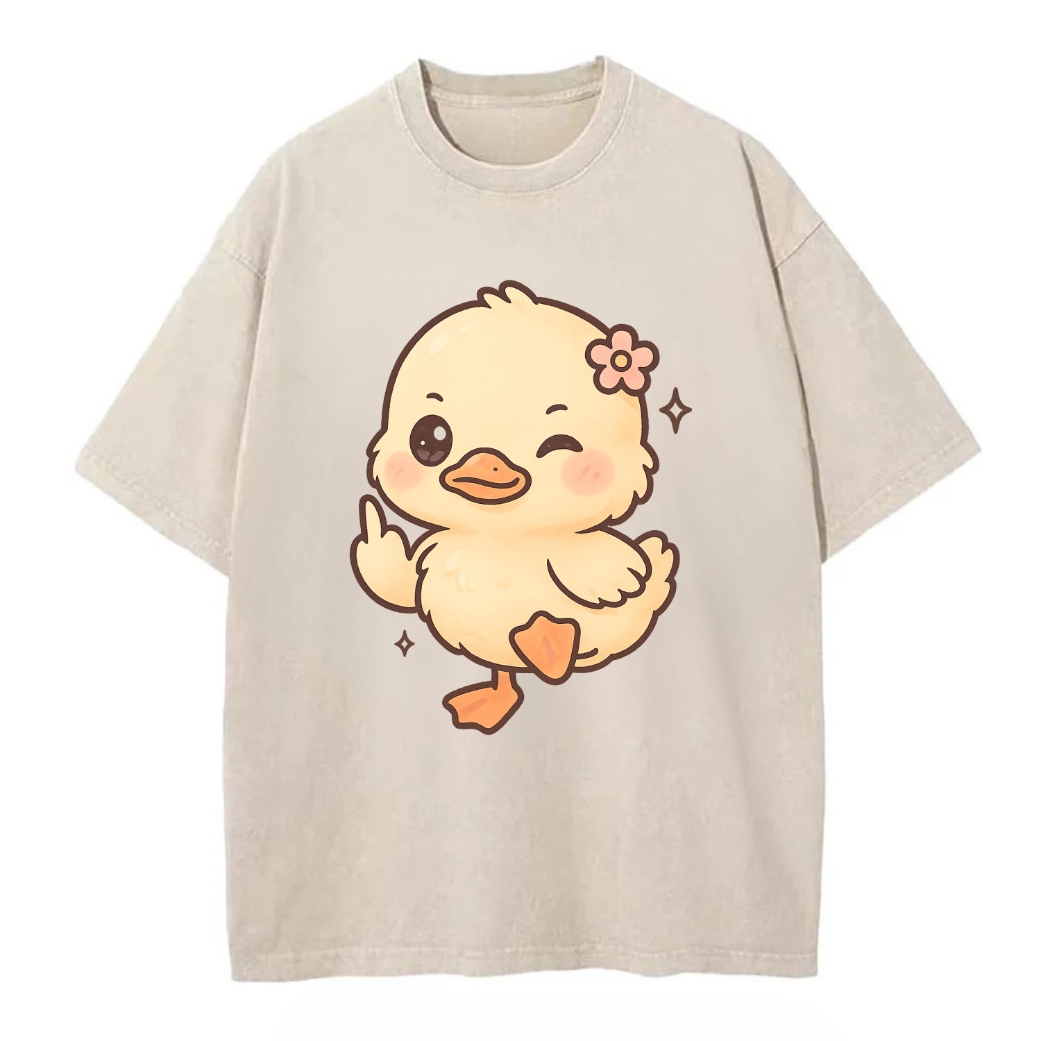 fluffy baby duck with small flower, one webbed foot raised sassily - Vintage T-shirt - Off White
