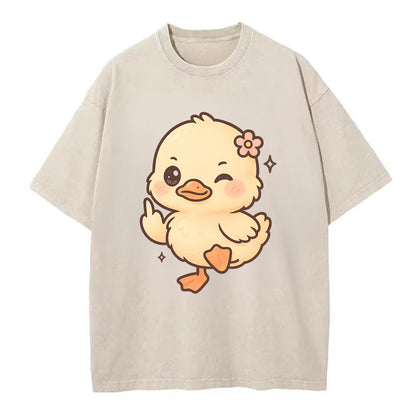 fluffy baby duck with small flower, one webbed foot raised sassily - Vintage T-shirt - Off White