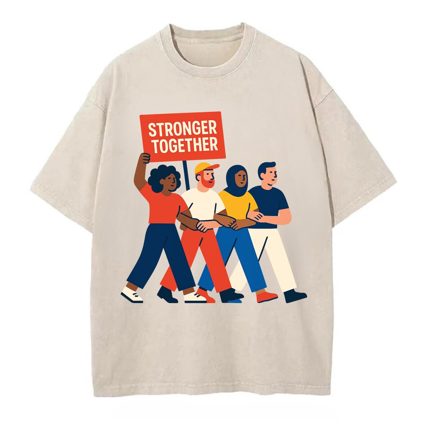 Peaceful protesters marching with linked arms - "Stronger Together" - solidarity - Vintage T-shirt - Off White
