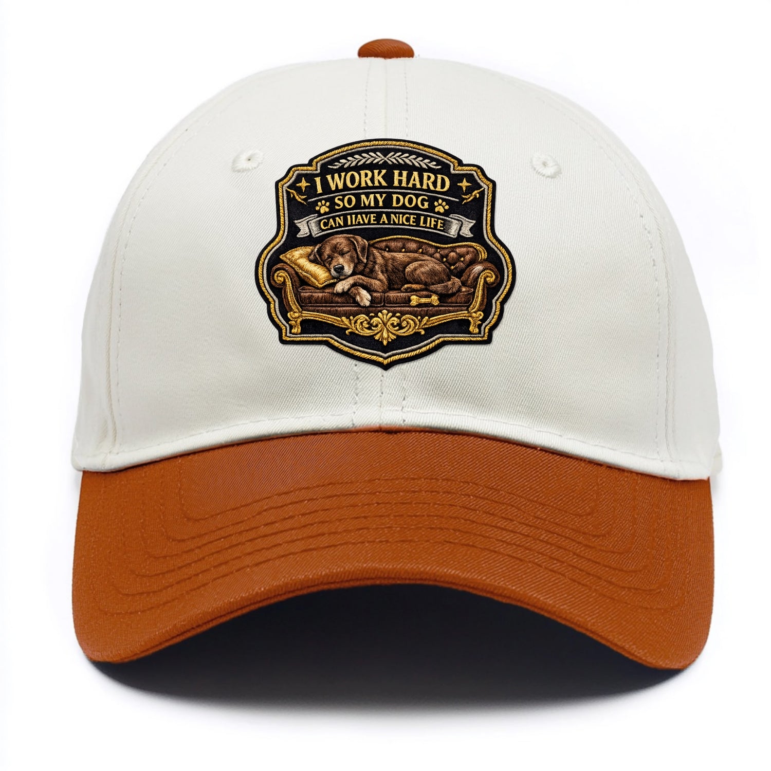 I WORK HARD SO MY DOG CAN HAVE A NICE LIFE - dog on couch in brown , pet luxury - Two Tone Cap - Orange