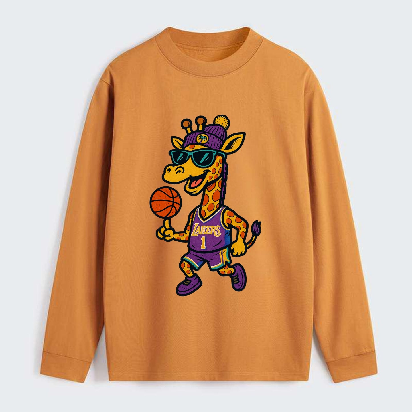 California Giraffe wearing Lakers beanie with palm tree patch and - Classic Long Sleeve Shirt - Orange