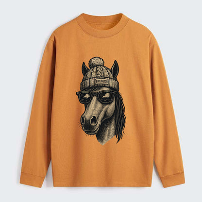 Vermont Morgan Horse wearing Burlington beanie with pom pom and - Classic Long Sleeve Shirt - Orange