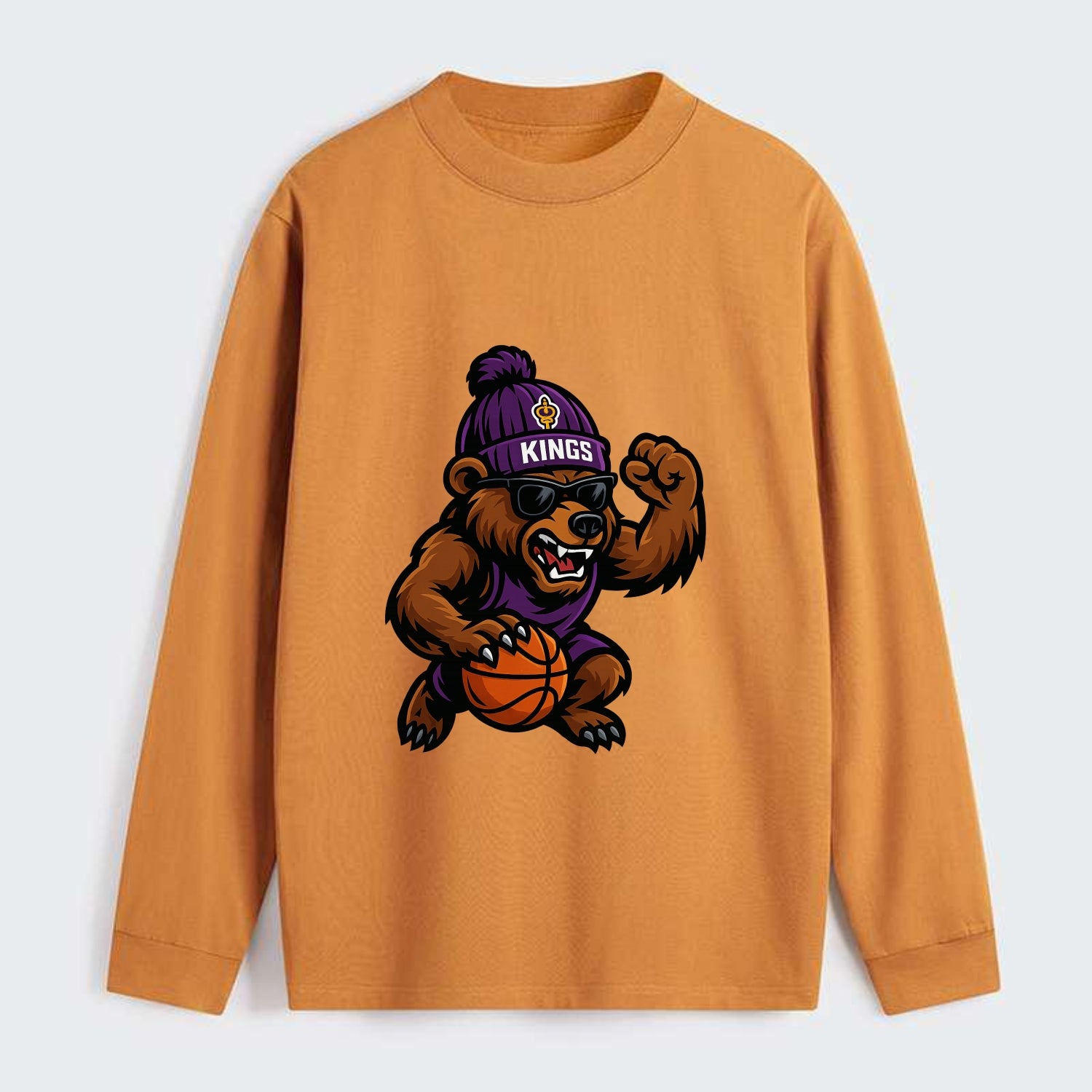 California Grizzly wearing Kings beanie with royal scepter patch and - Classic Long Sleeve Shirt - Orange