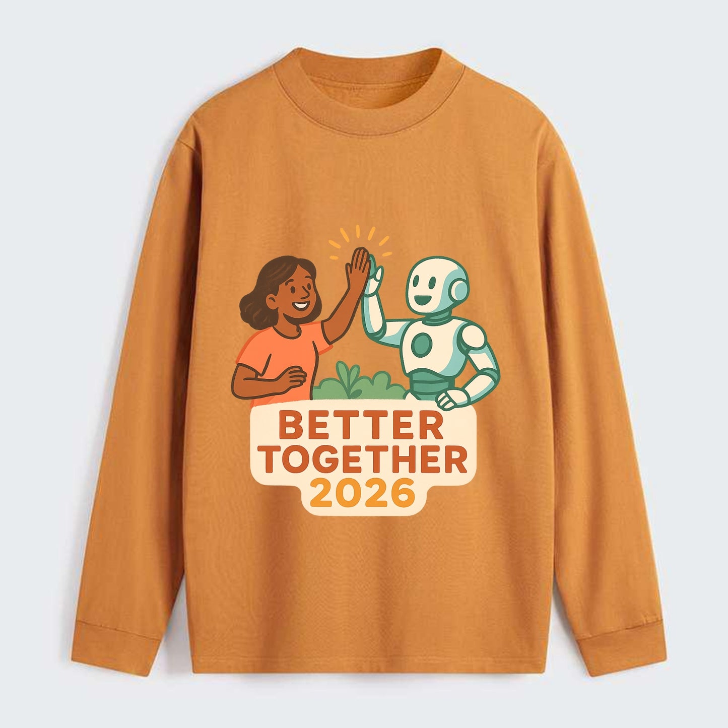 Human and AI robot high-fiving as collaborative partners - "Better - Classic Long Sleeve Shirt - Orange