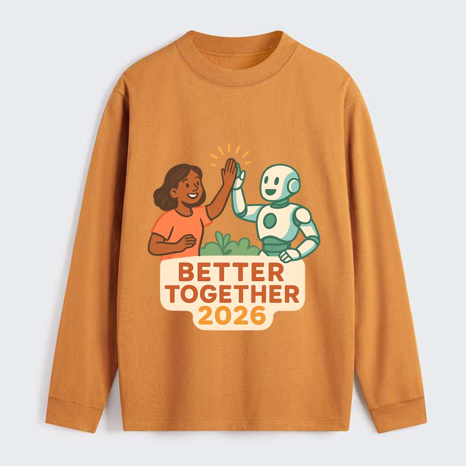 Human and AI robot high-fiving as collaborative partners - "Better - Classic Long Sleeve Shirt - Orange
