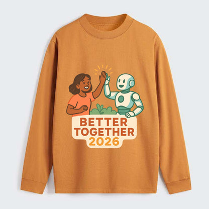 Human and AI robot high-fiving as collaborative partners - "Better - Classic Long Sleeve Shirt - Orange