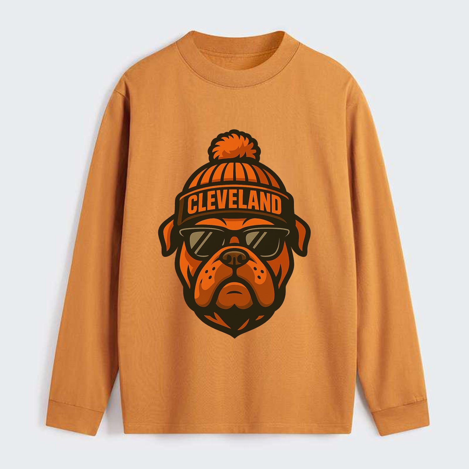 Cleveland Bulldog wearing Browns orange and brown beanie with pom pom - Classic Long Sleeve Shirt - Orange