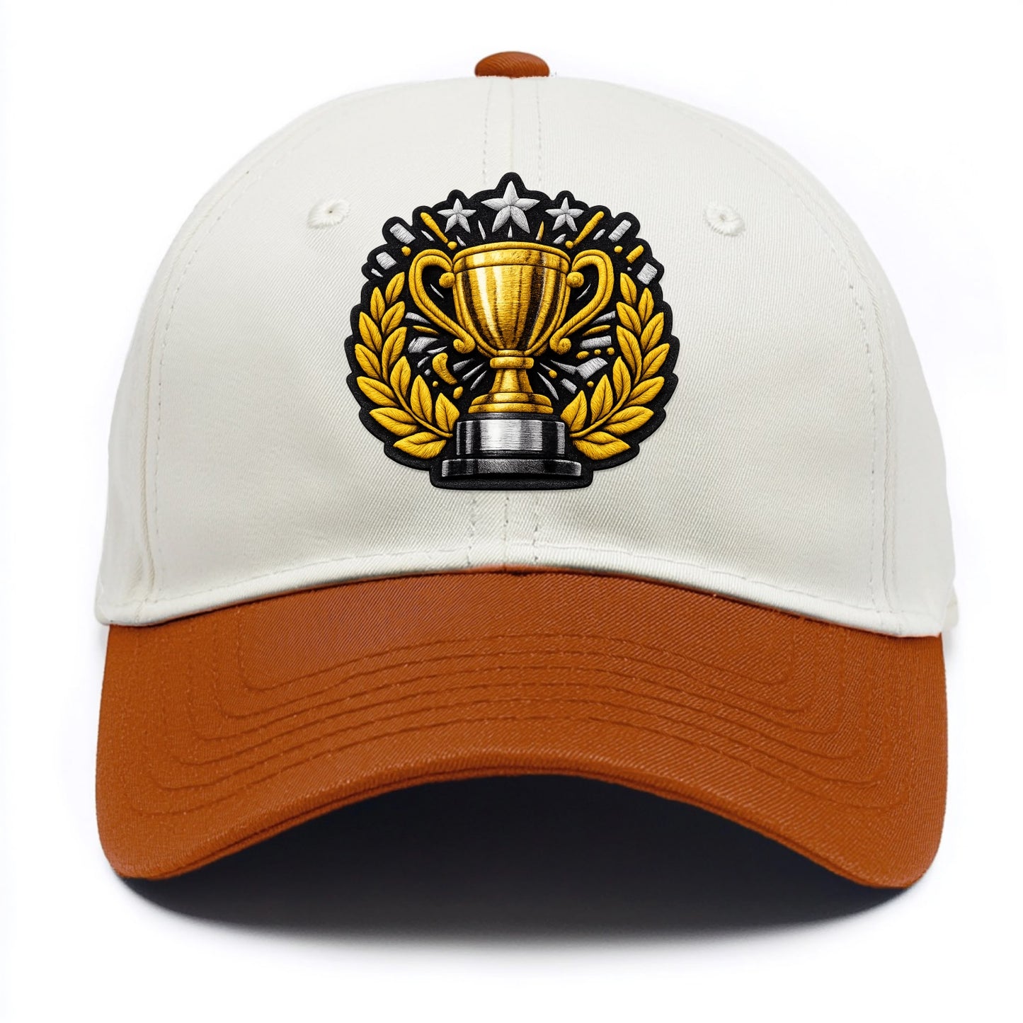 Embroidered patch design - CHAMPIONSHIP TROPHY - golden trophy cup with laurels in - Two Tone Cap - Orange
