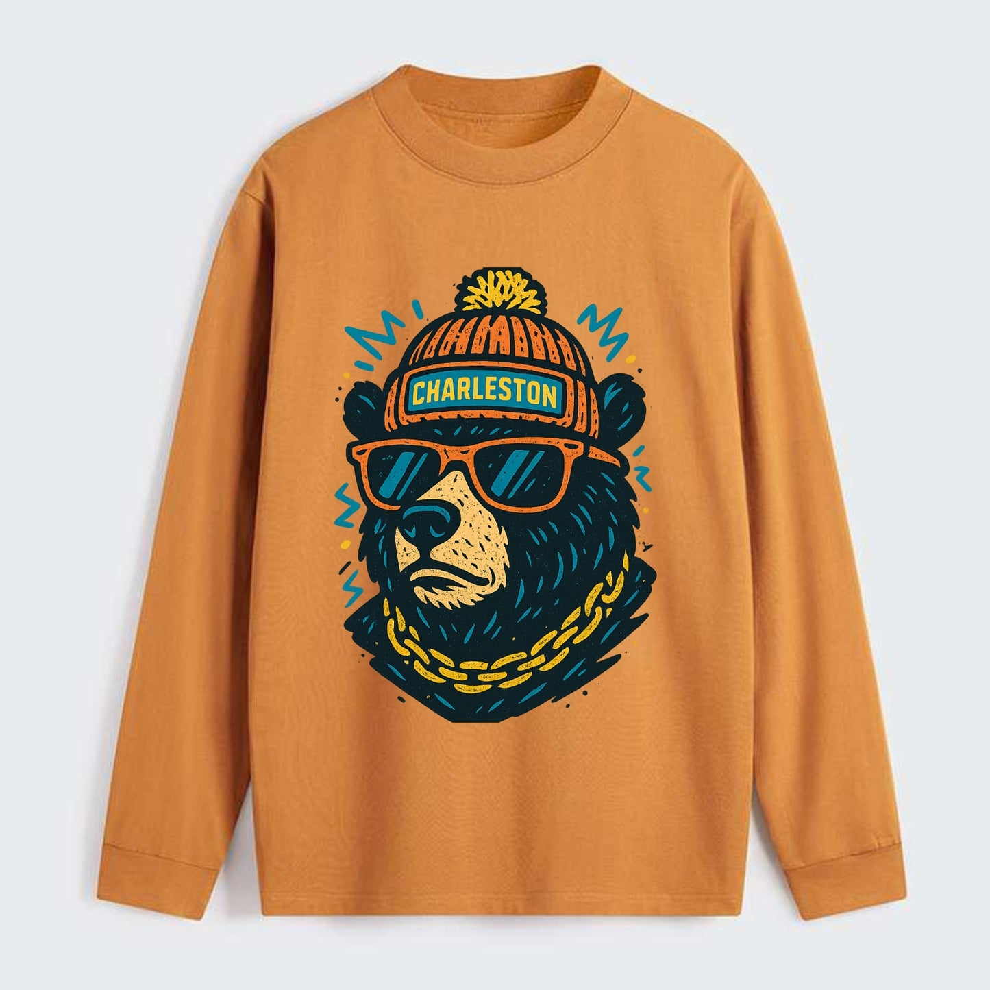 West Virginia Black Bear wearing Charleston beanie with pom pom and - Classic Long Sleeve Shirt - Orange