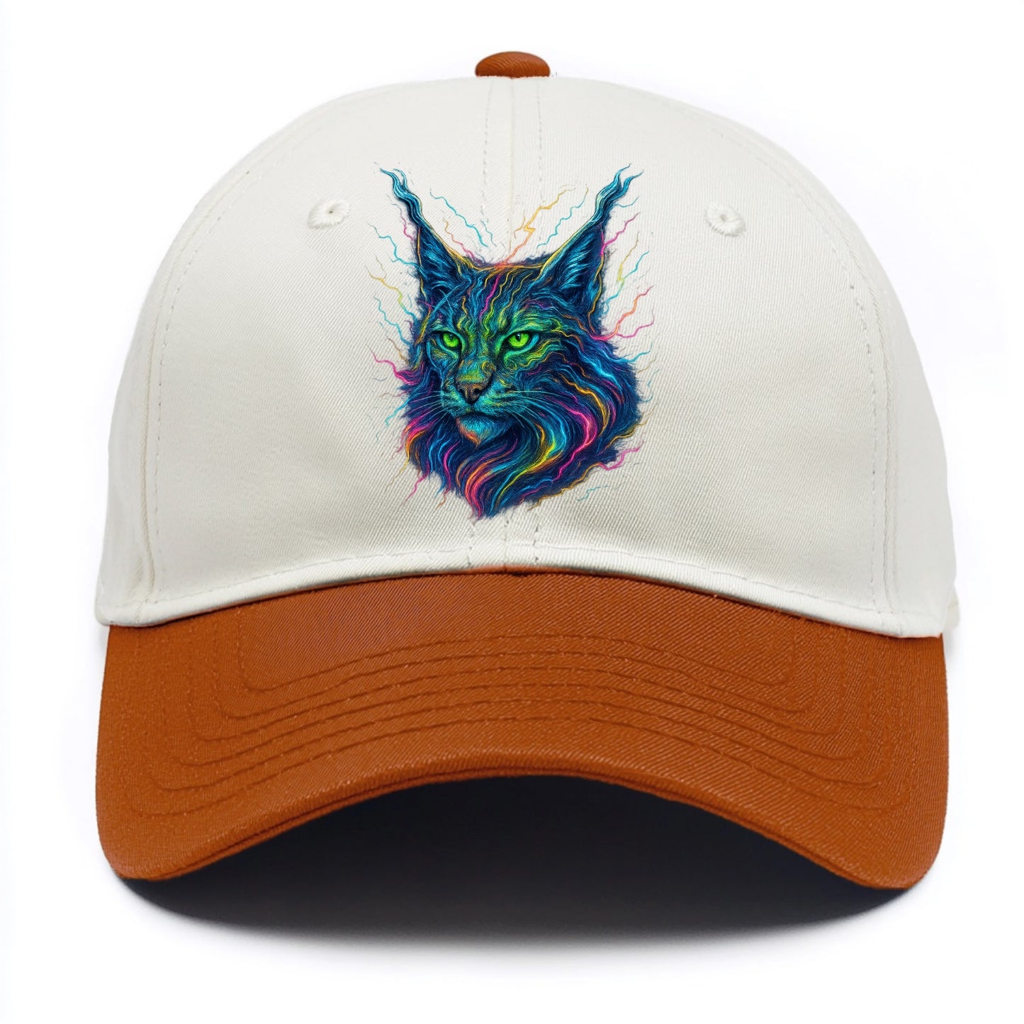 Wild lynx with ear tufts transforming into liquid mercury flows, silver and gold - Two Tone Cap - Orange