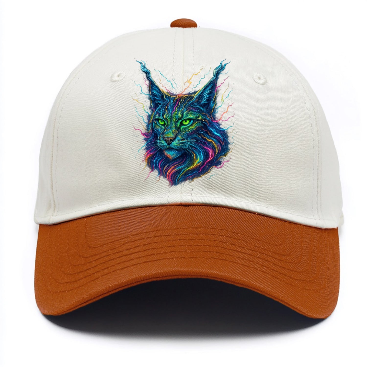 Wild lynx with ear tufts transforming into liquid mercury flows, silver and gold - Two Tone Cap - Orange