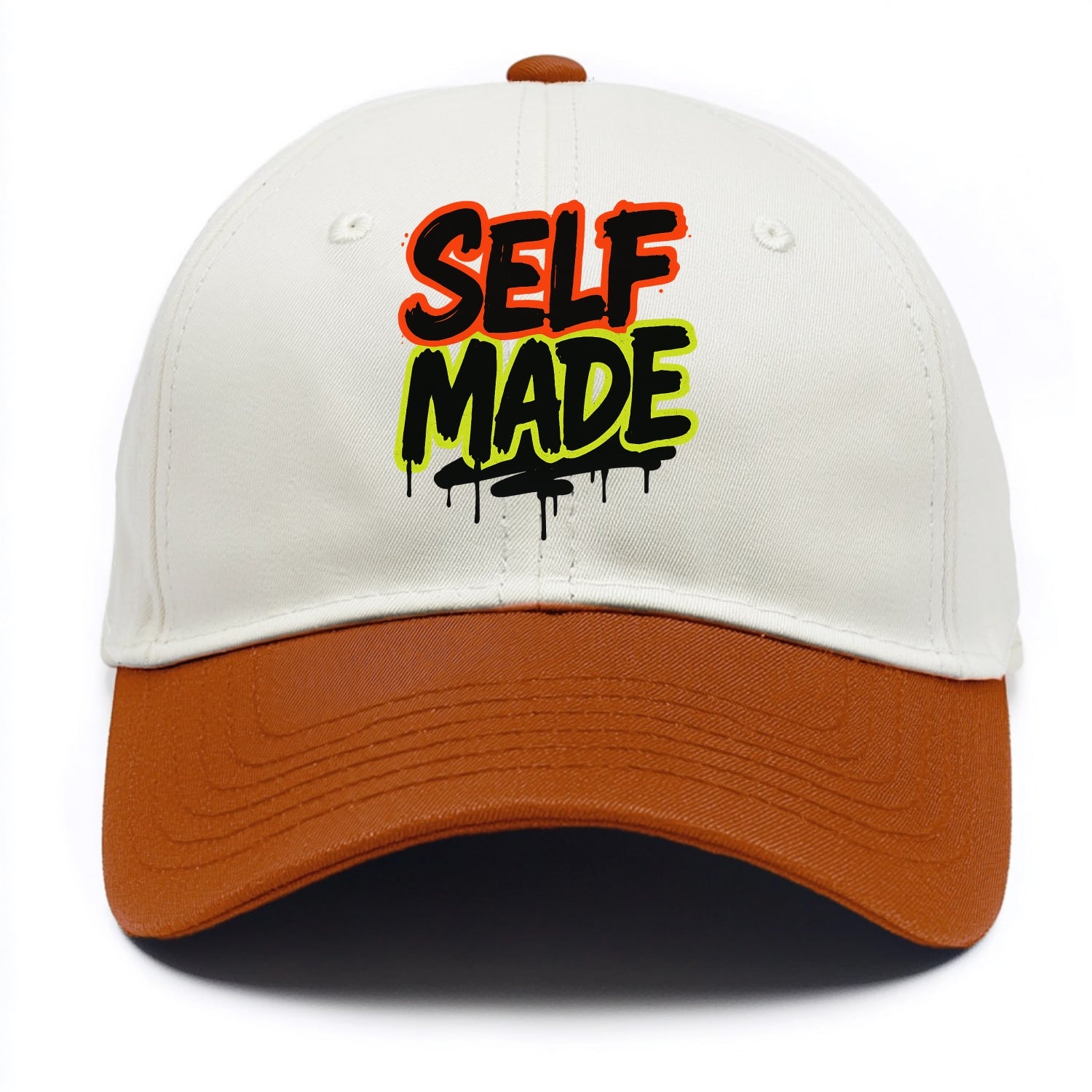 Bold typography design - "SELF MADE" - built from nothing, earned success - Two Tone Cap - Orange
