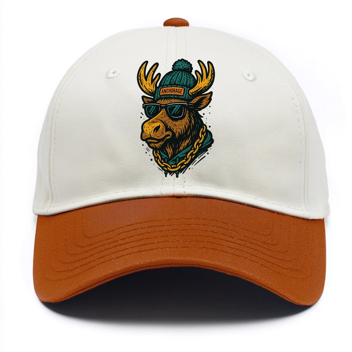 Alaska Moose wearing Anchorage beanie with pom pom and wayfarer sunglasses - Two Tone Cap - Orange