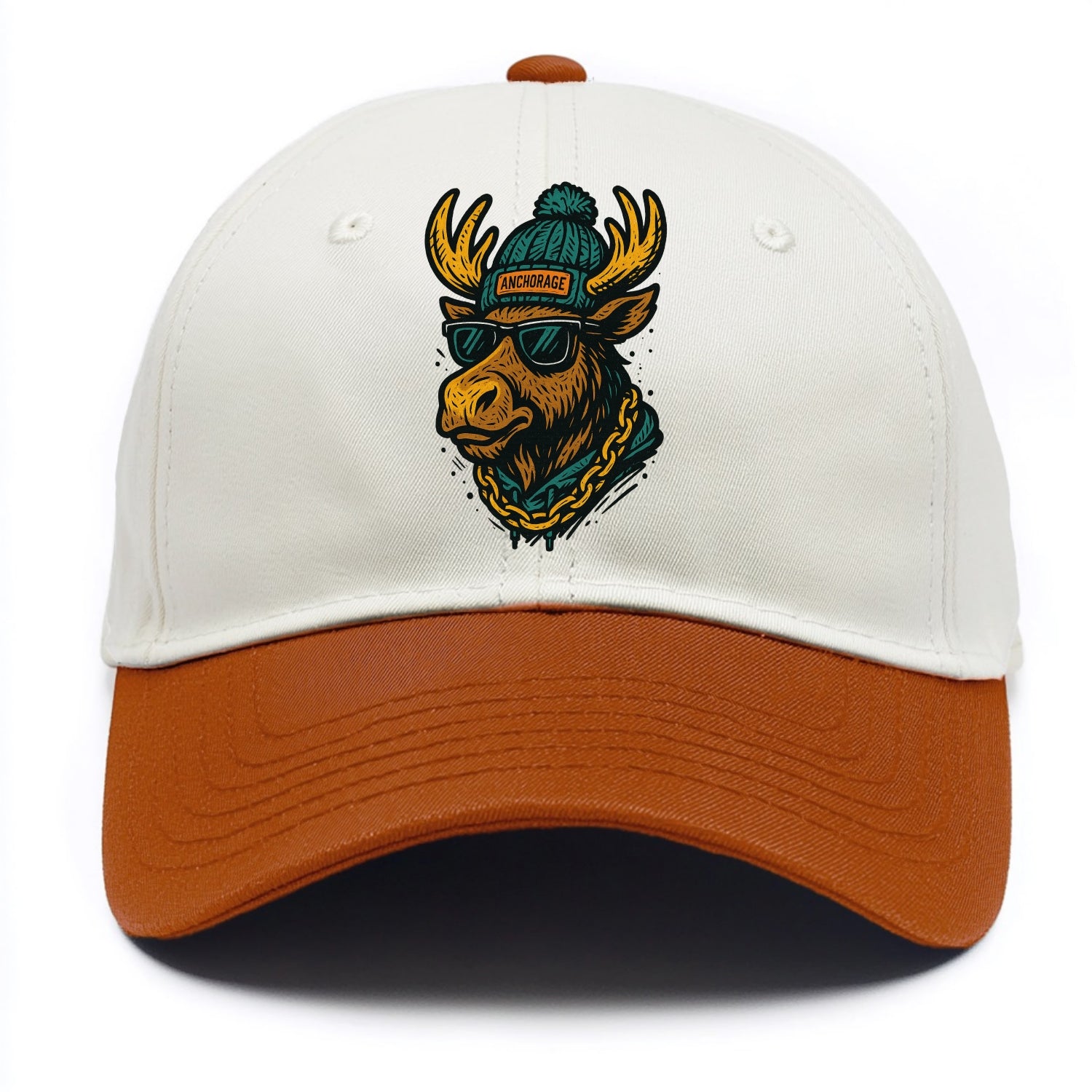 Alaska Moose wearing Anchorage beanie with pom pom and wayfarer sunglasses - Two Tone Cap - Orange