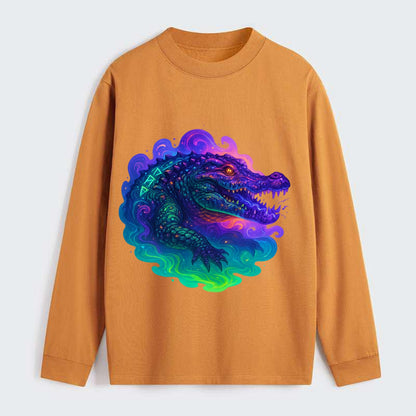Primordial crocodile with scales pulsing plasma energy in green and - Classic Long Sleeve Shirt - Orange