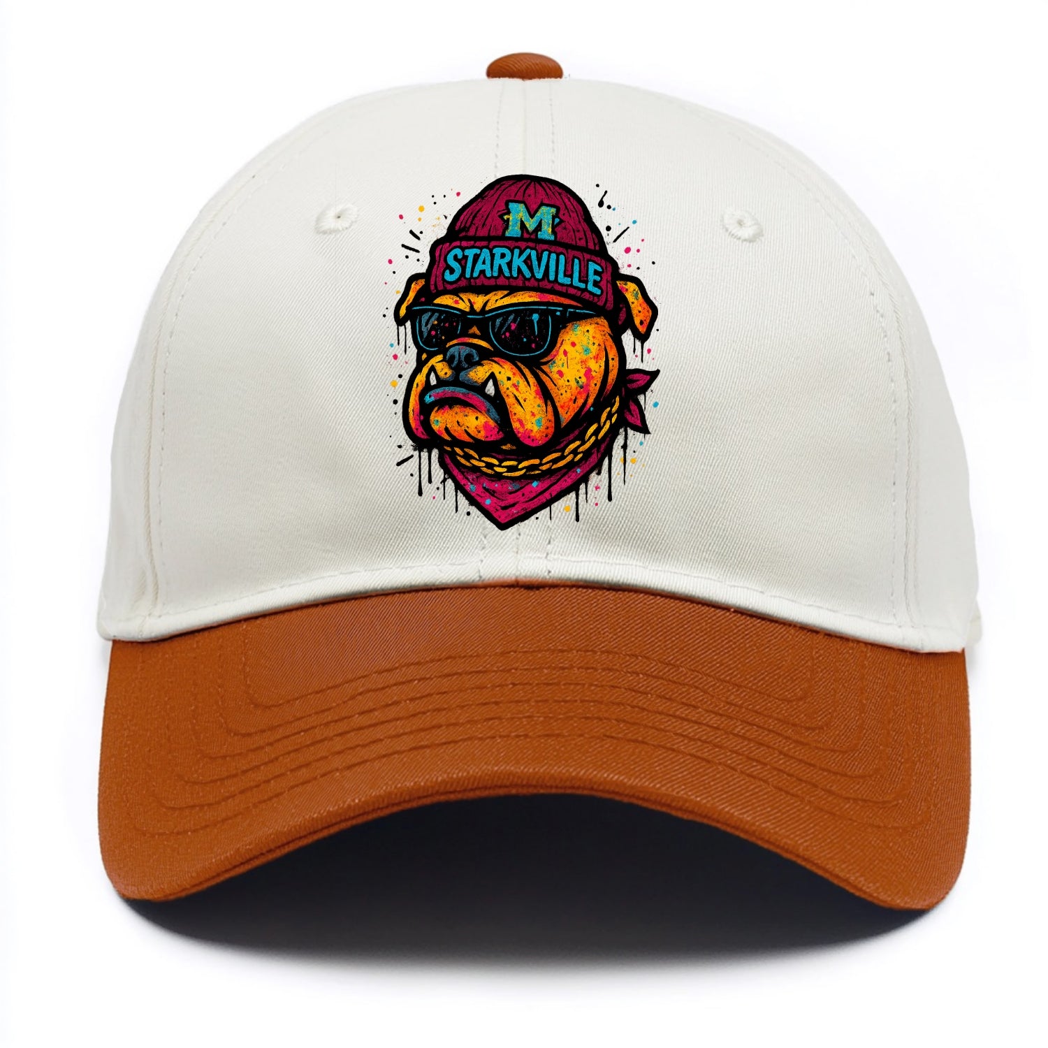 Starkville Bulldog wearing Mississippi State beanie with M patch - Two Tone Cap - Orange