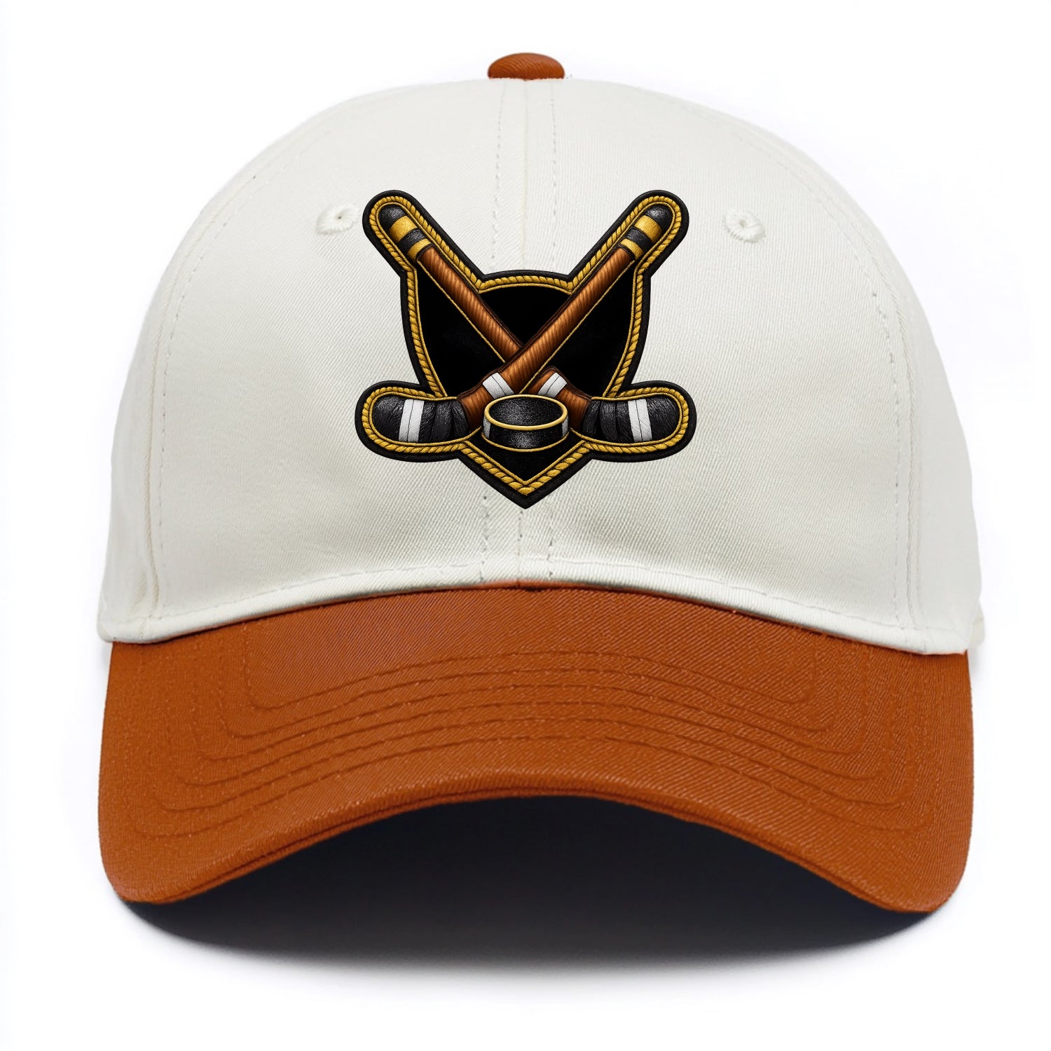 Embroidered patch design - HOCKEY CROSSED STICKS - ice hockey sticks with puck in - Two Tone Cap - Orange