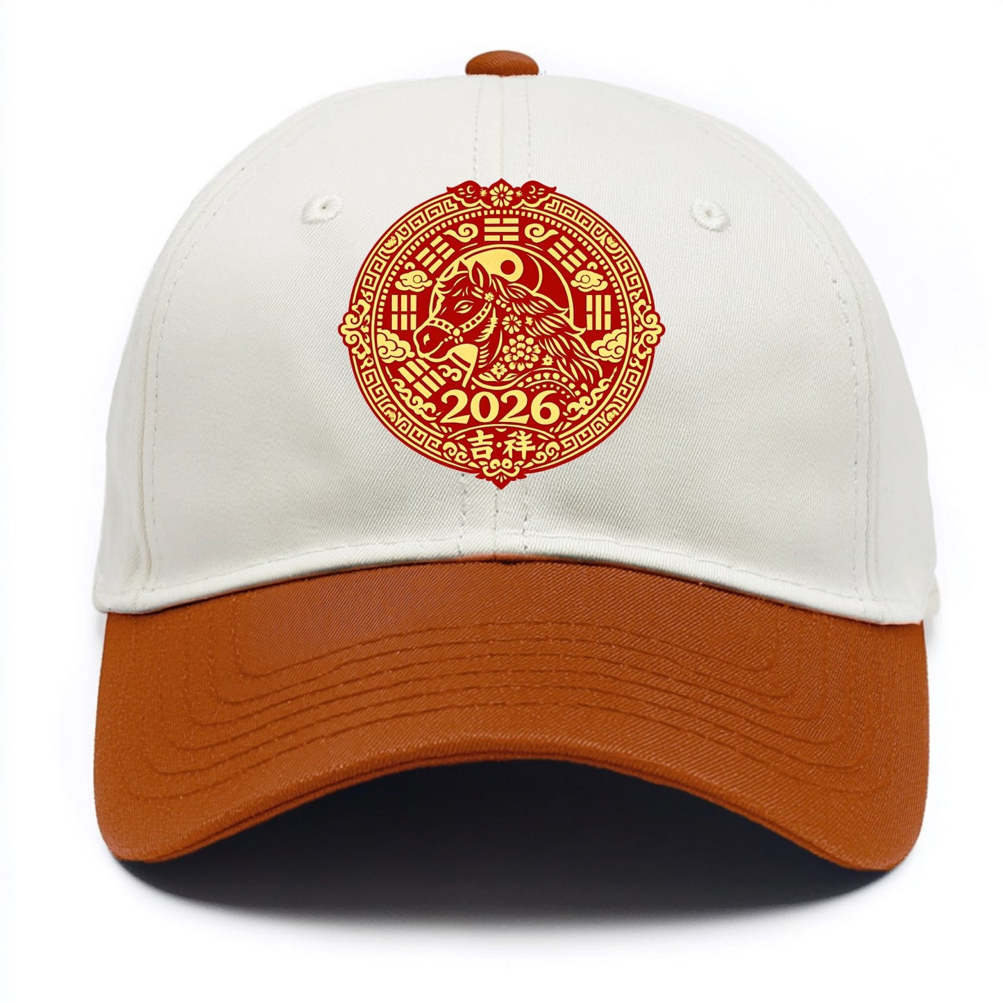 LUCKY HORSE MEDALLION | Circular medallion with horse profile | Intricate Chinese - Two Tone Cap - Orange