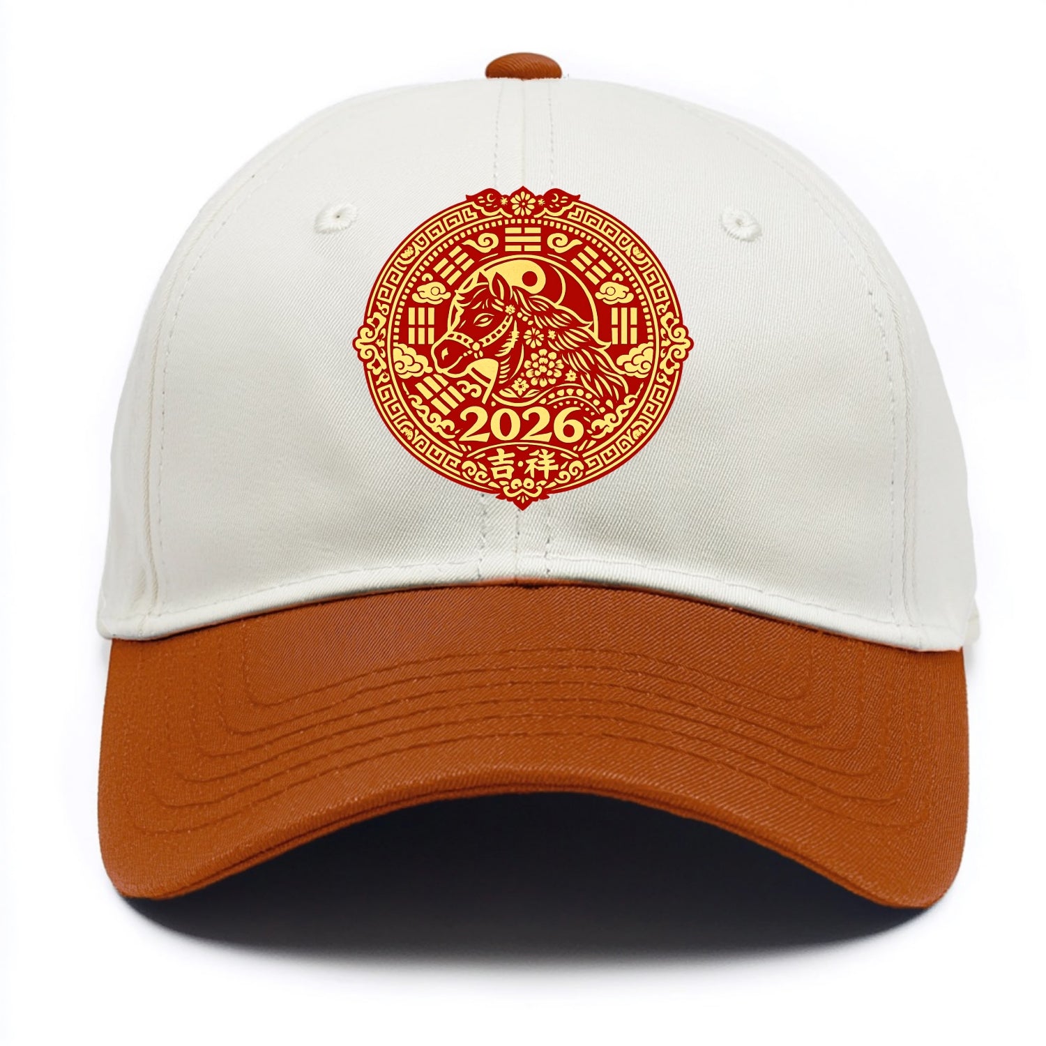 LUCKY HORSE MEDALLION | Circular medallion with horse profile | Intricate Chinese - Two Tone Cap - Orange