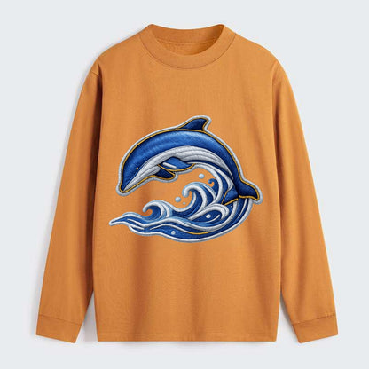Embroidered patch design - SWIMMING DOLPHIN - diving dolphin with waves - Classic Long Sleeve Shirt - Orange