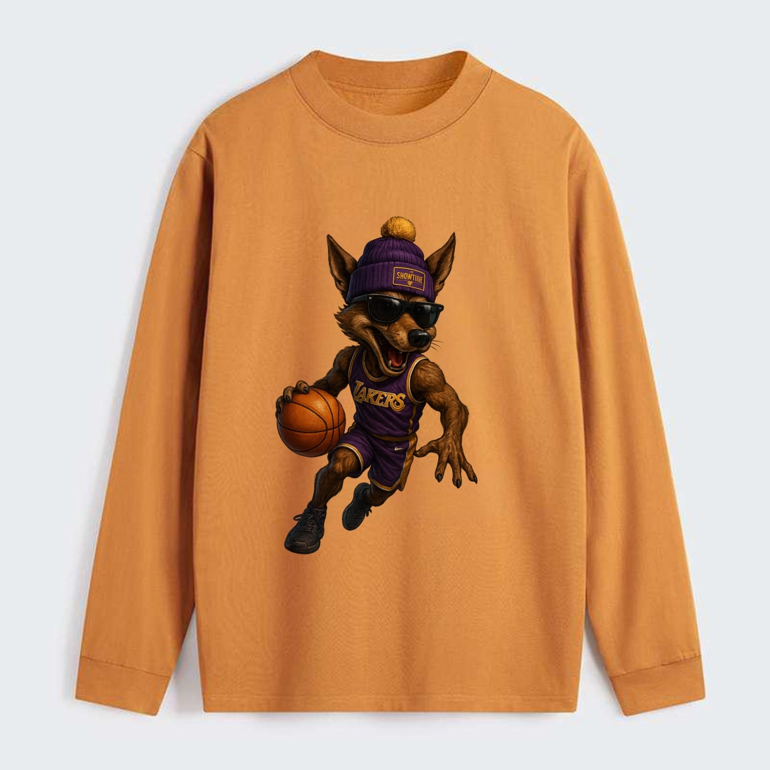 Hollywood Coyote wearing Lakers beanie with Showtime patch and wayfarer - Classic Long Sleeve Shirt - Orange