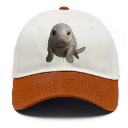 Baby Dugong - gray with paddle tail, gentle expression, whiskers, front-facing, sweet - Two Tone Cap - Orange