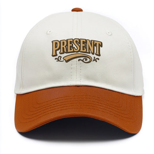 Bold typography design - "PRESENT" - living in the now - Two Tone Cap - Orange