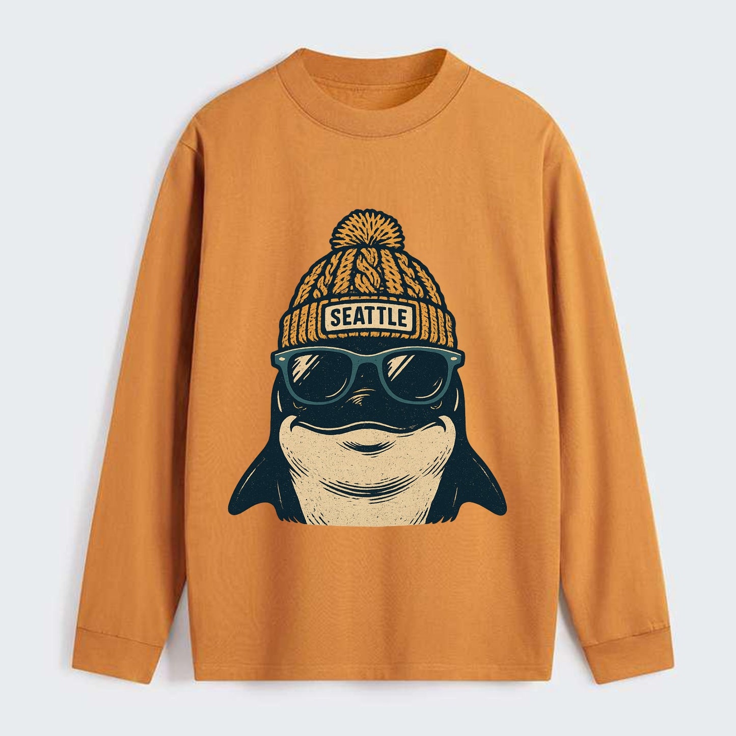 Seattle Orca wearing Seattle beanie with pom pom and wayfarer sunglasses - Classic Long Sleeve Shirt - Orange