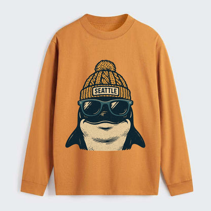 Seattle Orca wearing Seattle beanie with pom pom and wayfarer sunglasses - Classic Long Sleeve Shirt - Orange