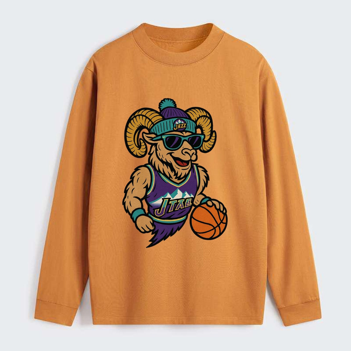 Utah Bighorn wearing Jazz beanie with mountain melody patch and - Classic Long Sleeve Shirt - Orange