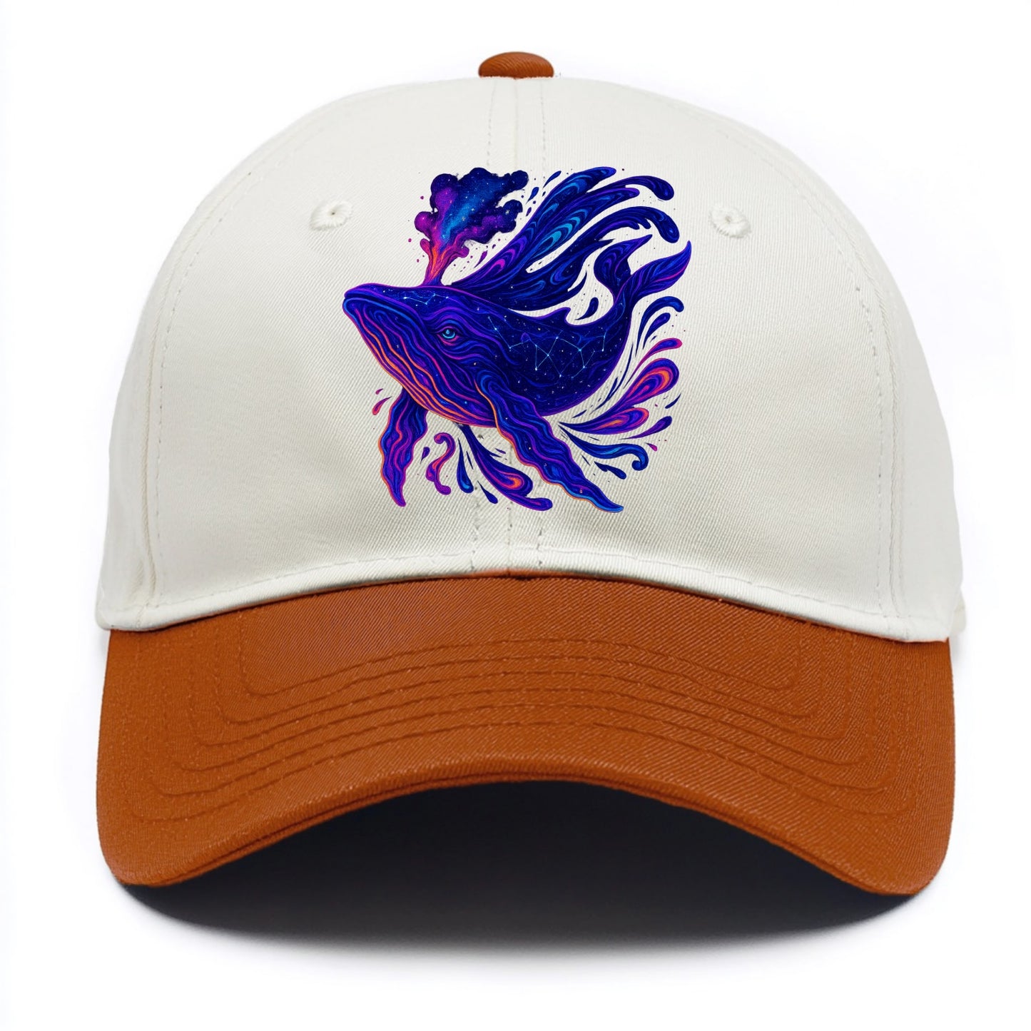 Majestic whale with body composed of galaxy clusters, stellar fins flowing like - Two Tone Cap - Orange