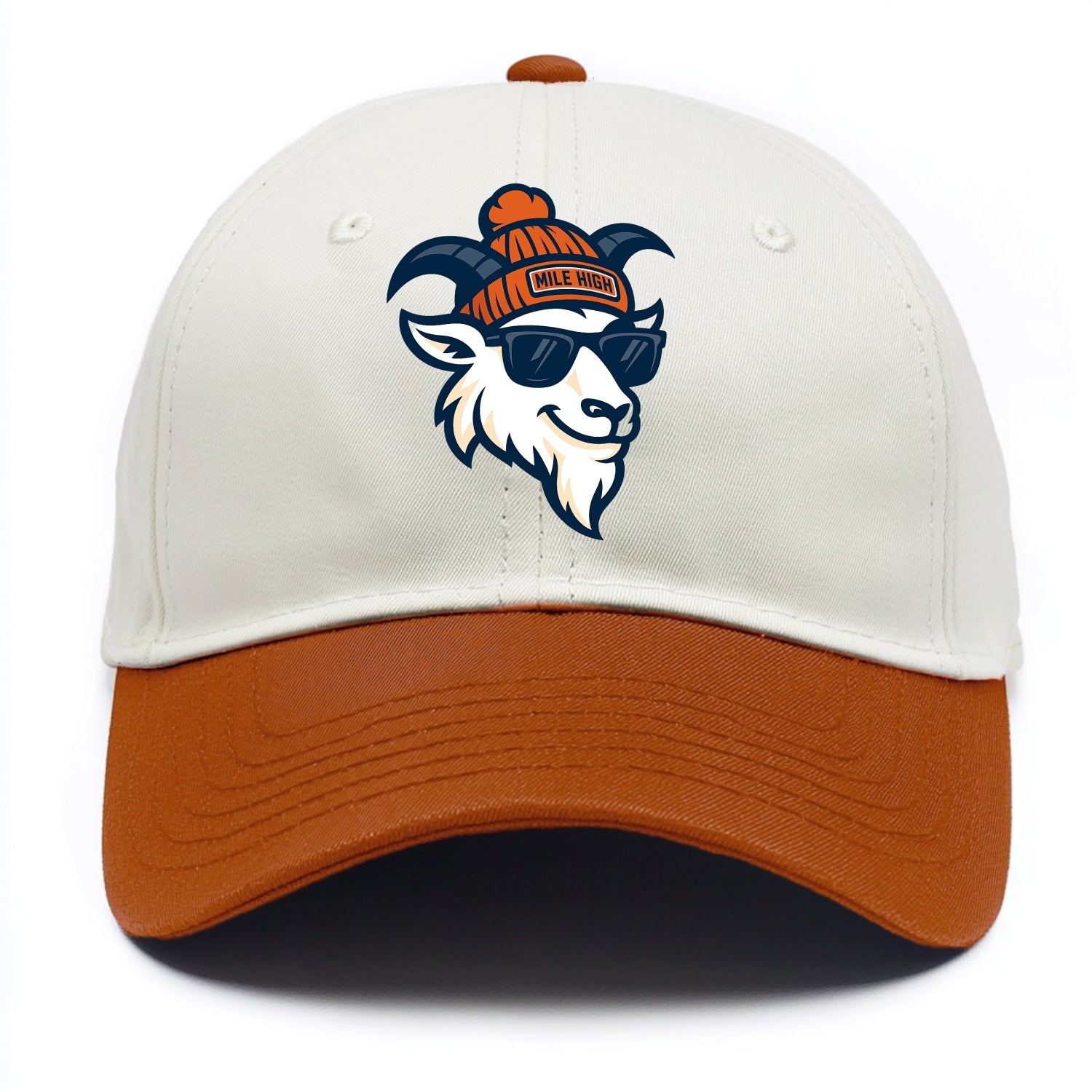 Denver Mountain Goat wearing Broncos beanie with Mile High patch and wayfarer - Two Tone Cap - Orange
