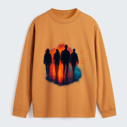 gang of silhouettes walking together at sunset by the beach - Classic Long Sleeve Shirt - Orange