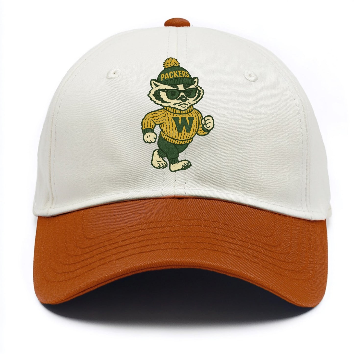 Wisconsin Badger wearing Packers green and gold beanie with pom pom and wayfarer - Two Tone Cap - Orange